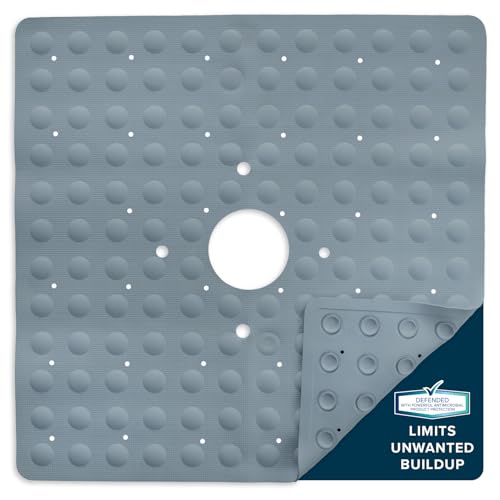 SlipX Solutions Square Natural Rubber Shower Stall Mat, 21” x 21”, Mildew Resistant, Non Slip Safety, Antimicrobial Product Protection, 140 Power Grip Suction Cups, Center Drain Hole, Gray - color: Gray