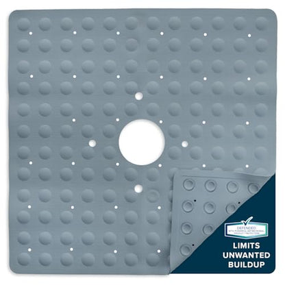 SlipX Solutions Square Natural Rubber Shower Stall Mat, 21” x 21”, Mildew Resistant, Non Slip Safety, Antimicrobial Product Protection, 140 Power Grip Suction Cups, Center Drain Hole, Gray - color: Gray