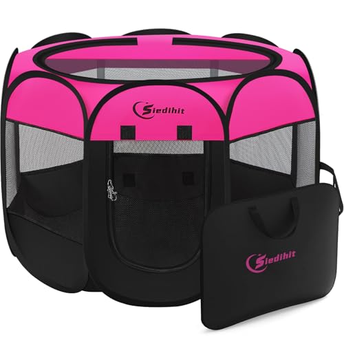 Siedihit Dog Playpen, Medium Puppy Pet Playpen, Dog Crate Tent Cage Indoor/Outdoor, Portable Pop Up Dogs Kennel Playpen with Carrying Case for Dogs/Cats/Rabbits, Hot Pink - color: Rose