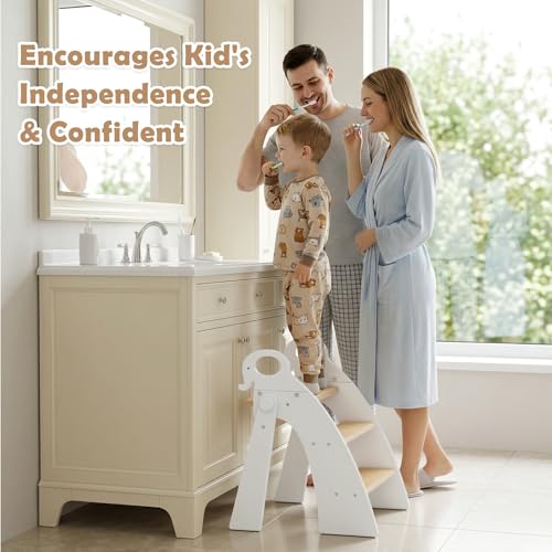 Wooden 3 Step Stool for Kids Bathroom Sink Foldable Anti-Slip, Child Stepping Stool for Kitchen Nursery Bedroom, Sturdy Non Slip Adult Stool for Closet - color: White Ele