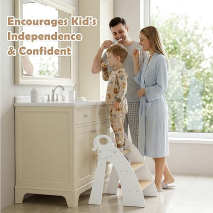 Wooden 3 Step Stool for Kids Bathroom Sink Foldable Anti-Slip, Child Stepping Stool for Kitchen Nursery Bedroom, Sturdy Non Slip Adult Stool for Closet - color: White Ele