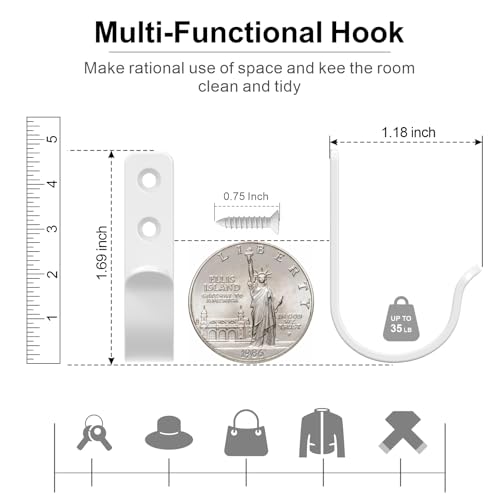 15-Pack White Metal Wall Hooks, Heavy Duty Screw-in Coat Hooks Wall Mounted for Hanging Towel, Clothing, Robe, Single Hooks for Bathroom, Entryway, Garage Organization - color: 15PCS Wide White hook