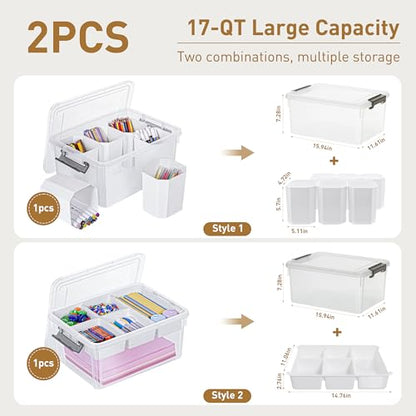 Citylife 17 QT Plastic Storage Box with Removable Tray and 6 Detachable Tall Inserts Craft Organizers and Storage Clear Storage Container for Organizing Crayon, Craft, Sewing, Playdoh, 2 Packs - size: 17 Qt- 2 Pack- W