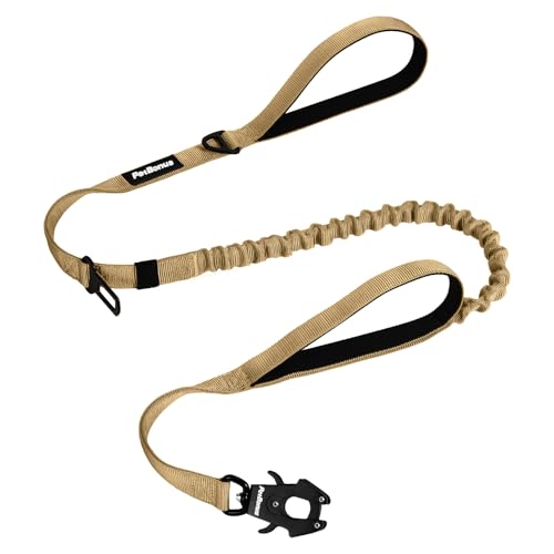 PetBonus Heavy Duty Tactical Dog Leash, 5 FT Bungee Shock Absorption Leash with 2 Padded Handles, Quick Release Metal Clip, Car Seatbelt, No Pull Training Lead for Large Medium Dogs（Khaki） - color: Khaki