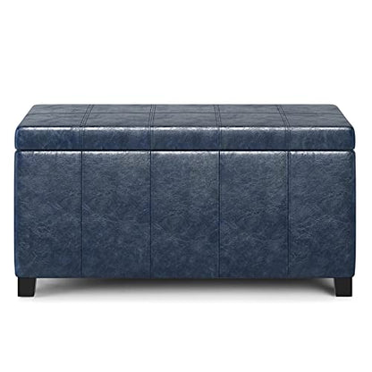 SIMPLIHOME Dover Storage Ottoman Bench - 36 inch Wide Upholstered Vegan Leather Rectangular Lift-Top Ottoman in Denim Blue, Contemporary Bench for Living Room with Safety Hinges - color: Denim Blue