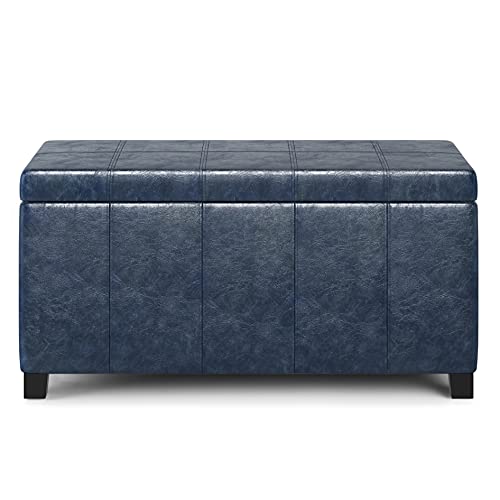 SIMPLIHOME Dover Storage Ottoman Bench - 36 inch Wide Upholstered Vegan Leather Rectangular Lift-Top Ottoman in Denim Blue, Contemporary Bench for Living Room with Safety Hinges - color: Denim Blue