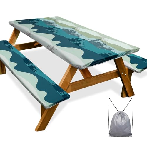 Play Tailor Picnic Table Cover with Bench Covers Camping Essentials Waterproof Windproof Camping Tablecloth with Drawstring Bag, Fitted Rectangle Tables and Seats, 60in, Green Blue - color: Green Blue, size: 60in