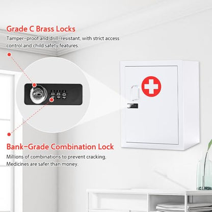 Locking Medicine Cabinet Wall-Mount: Storage Cabinet with Combination Lock & Key - White Metal First Aid Kits for Family Safety and Childproofing - color: Frosted White
