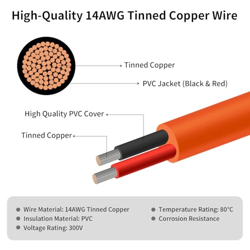 Solar Connector to DC 8mm Adapter Cable 50FT, 12AWG + 14AWG Tinned Copper Wire with DC7909 to DC8020 Adapter, Heavy Duty Charging Cable for Portable Power Station, RV, Outdoor Camping - size: 50FT