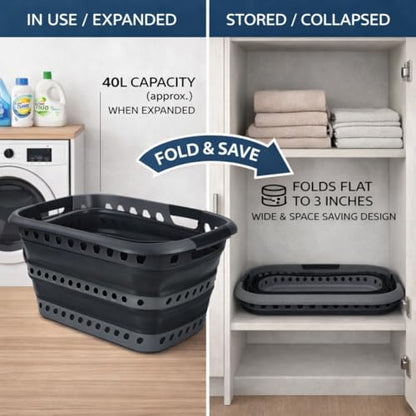 Laundry 360 Collapsible Laundry Basket 40L | Portable | Space Saver Storage | Hold 2 Loads | Store Under the Bed or Closet | Good for Kids | Dorm | Bedroom | Large | Grey/Black - size: 1 Pack Grey 40L