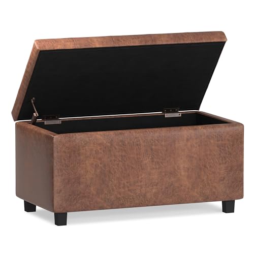 SIMPLIHOME Cosmopolitan Storage Ottoman - 34 inch Wide Upholstered Vegan Leather Rectangle Storage Ottoman Bench in Distressed Saddle Brown, Transitional Tufted Ottoman for Entryway with Lift-Up Lid - color: Distressed Saddle Brown