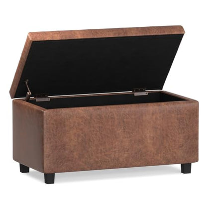 SIMPLIHOME Cosmopolitan Storage Ottoman - 34 inch Wide Upholstered Vegan Leather Rectangle Storage Ottoman Bench in Distressed Saddle Brown, Transitional Tufted Ottoman for Entryway with Lift-Up Lid - color: Distressed Saddle Brown