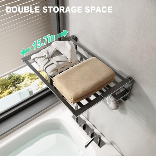 VOLPONE 24 Inch Towel Rack with Towel Bar Holder Foldable Large Towel Shelf with Movable Hooks Rustproof Widened Towel Storage Rack Wall Mount for Bathroom Lavatory Matte Grey - color: Matte Grey