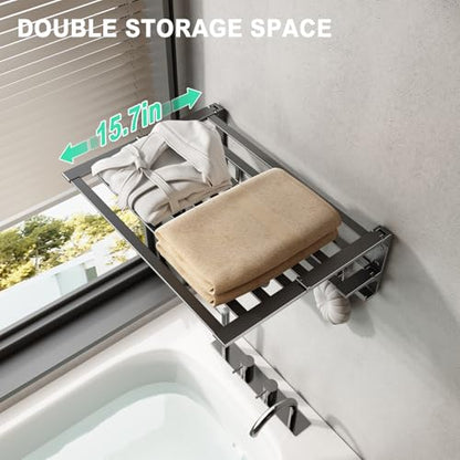 VOLPONE 24 Inch Towel Rack with Towel Bar Holder Foldable Large Towel Shelf with Movable Hooks Rustproof Widened Towel Storage Rack Wall Mount for Bathroom Lavatory Matte Grey - color: Matte Grey