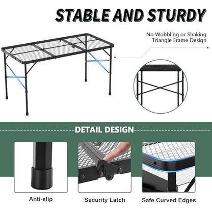 WildFinder Folding Gril Table, 4x2 FT Camping Table with Mesh Desktop,Height Adjustable Folding Grill Table with Mesh Bag,Portable Outdoor for Picnic,Camping,BBQ,Beach(Black) - size: 4x2FT