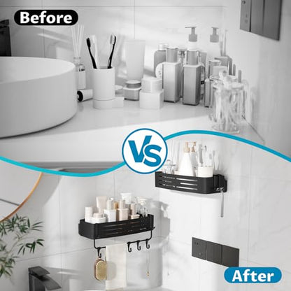 Onemake Shower Caddy Suction Cup,2-Pack Shower Shelf Organizer, Bathroom Suction Shelves with Portable Hooks, Shower Caddies Corner with Towel Bar,Matte Black - style: 2 Tier-Black Square Caddies