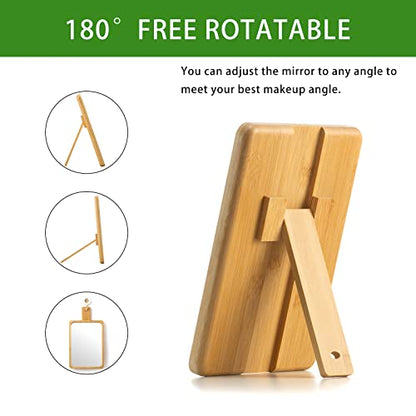 Natural Bamboo Desk Table Mirror, Folding Makeup Mirror with Handheld/Stand,Portable Small Desktop Cosmetic Mirror Good for Travel, Cosmetic, Office,6.5" W x 9.1" L