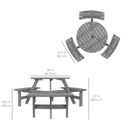 Best Choice Products 6-Person Circular Outdoor Wooden Picnic Table for Patio, Backyard, Garden, DIY w/ 3 Built-in Benches, 500lb Capacity - Gray - color: Grey