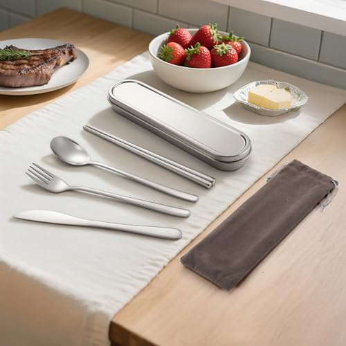 Travel cutlery set, 18/8 stainless steel cutlery, Reusable utensils set with case, Portable Silverware Lunch Box for Camping and Office (Stainless Steel) - color: Stainless Steel