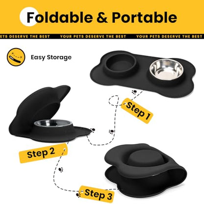 Conlun Dog Bowls with Silicone Feeding Mat, No Spill Food Water Dish Set, Dishwasher Safe, 2 Stainless Steel Puppy Bowls, Suitable for Tiny Dogs Kittens Cats Rabbits Pets under 8lbs, Extra Small,Black - color: Black, size: Extra Small-5 oz