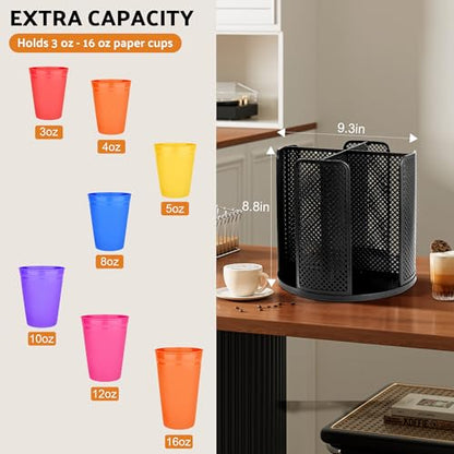 Rotating Paper Cup Dispenser, Cup Holder with 4 Compartments, Disposable Coffee Cup Dispenser Removable, Plastic Cup Storage & Lid Holder for Countertops, Kitchen, Coffee Stations (Black) - color: Black