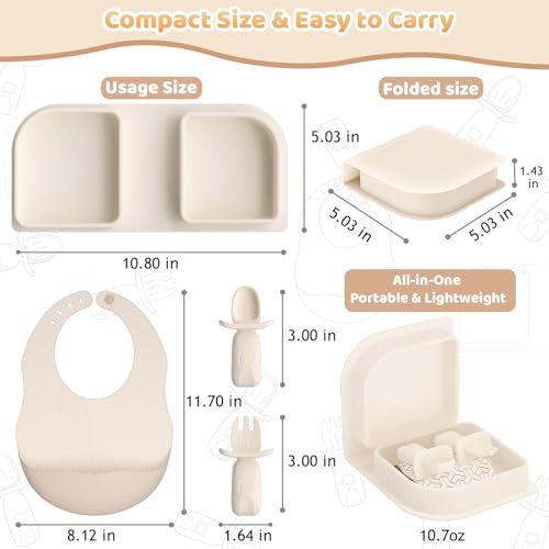 Beige Travel Silicone Foldable Feeding Set, On-the-Go Baby Feeding Supplies Including Toddler Plates, Silicone Baby Spoon&Fork, Adjustable Foldable Bib, Portable Infant Toddler Utensils - color: Beige