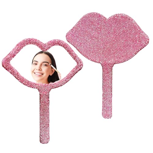 Large Rhinestone Handheld Mirror Heart Bling Glitter Cosmetic Dazzling Portable Hand Mirrors with Handle for Women Wedding Silver White (Lip-All Pink) - color: Lip-all Pink