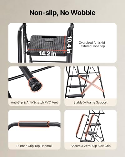 VEVOR 5 Step Ladder, Folding Step Stool with Wide Anti-Slip Pedal, Tool Tray, Dual Side Handrails, Portable Steel Ladder, Multi-Use for Kitchen, Home, Household and Office, Black - size: 20.9 x 41.9 x 68.5 in(Expanded)