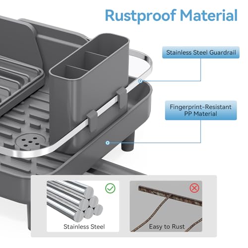 Urackify Dish Drying Rack for Kitchen Counter, Expandable Stainless Steel Dish Racks with Adjustable Water Spout, Space Saving Dish Drainer with Cutlery Holder,16.14"-23.62" L x 12.99" x 8.78",Grey - color: Gray