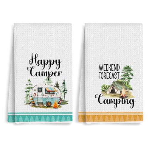 2Pcs Camping Kitchen Towels 24x14 Inch, Bonfire Forest Tent Rv Decor Waffle Weave Hand Towels for Kitchen, White Absorbent Microfiber Dish Cloth Tea Towel, Novelty Camping Gifts for Women Campers - color: Multi 0307