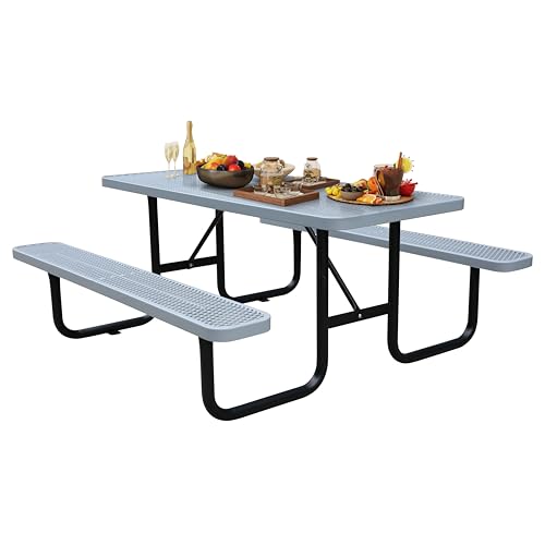 6FT Rectangular Metal Picnic Table for Outdoors, Commercial Steel Metal Picnic Tables, Heavy Duty Sturdy Picnic Tables Furniture Set for Patio Garden Courtyard BBQ, with Umbrella Hole, Grey - color: Grey, size: 6FT Rectangular