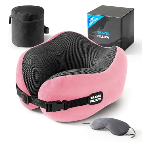 Neck Pillow Travel Pillow - 100% Pure Memory Foam Airplane Pillow with Adjustable Clasp & Removable Cover, Portable Travel Essentials for Long Flights, Car & Office (Pink, with Eye Mask) - color: Pink, With Eye Mask