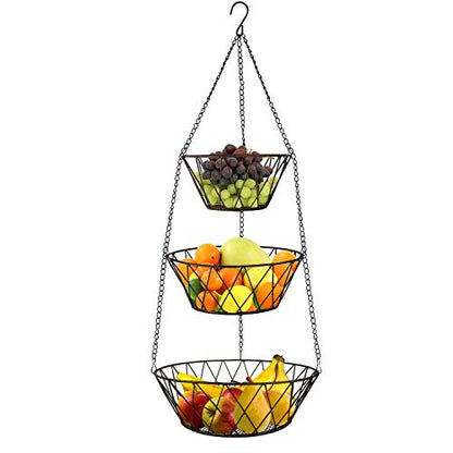 Heavy Duty - 3 Tier Hanging Kitchen Bronze Fruit Basket - color: Bronze