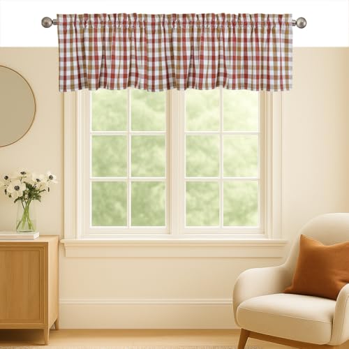 Rust & Tan Gingham Valance Curtains, 2 Pack 54x18 Inches, 100% Cotton Farmhouse Window Valances, Rod Pocket Vintage Style Curtain Panels for Kitchen, Bedroom, Bathroom and Living Room - color: Rust, Tan, size: 18"W x 54"L (Pack of 2)