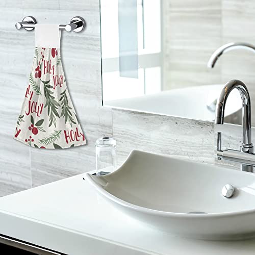 Vnurnrn Hand Towels for Kitchen 2 Pcs Hanging Kitchen Towels Set，Holly Leaf Berries Green Christmas Leaf Soft Absorbent Tea Bar Dish Cloths Bath Towel for Bathroom Laundry Room - color: Holly Leaf Berries Green Christmas Leaf