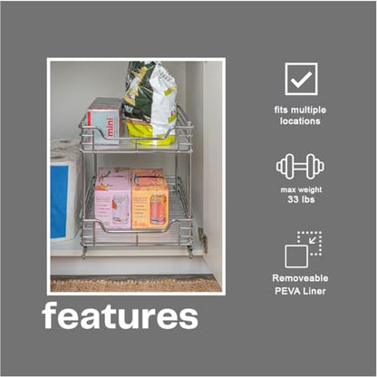 Household Essentials Glidez Chrome-Plated Steel Pull-Out/Slide-Out Storage Organizer with Plastic Liners for Under Cabinet Use - 2-Tier Design - Fits Standard Size Cabinet or Shelf, Chrome - size: 14.5" - Standard, style: 2-Tier