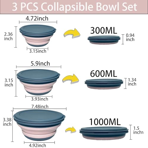 Collapsible Camping Bowl with Lid,3 Pack Silicone Salad Bowl Serving, Microwave Foldable Soup Ramen Serving for Travel, Picnic, Rv (Light Pink) - color: Light Pink