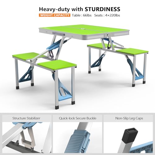 VINGLI 4Ft Portable Folding Picnic Table Camping Table Foldable Set with 4 Seats with Umbrella Hole Suitcase Card Table-220 Lbs Support Aluminum Frame, Plastic RV Tabletop for Yard, Travel-Black - color: Green