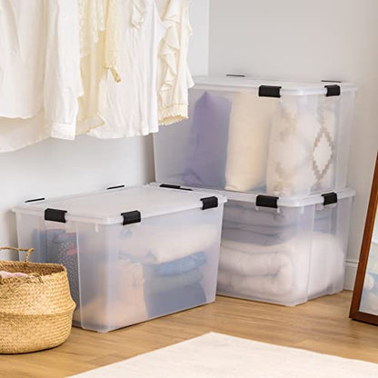 IRIS USA WeatherPro 156 Qt Storage Bins with Lids, 3 Pack, BPA-Free Plastic Gasket Box with Tight Latch and Seal, Stackable Nestable Tote Tub - Clear/Black - size: 156 Qt, style: 3 Pack
