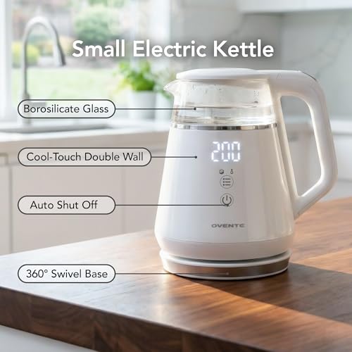 OVENTE 1L Small Electric Kettle with 5 Temperature Preset, Digital Display, 5Hr Keep Warm, Auto Shut-Off, Double-Wall Cool Touch Exterior, Borosilicate Glass,1500W BPA Free Water Boiler, White KD95W - color: White
