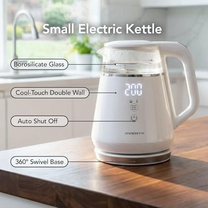 OVENTE 1L Small Electric Kettle with 5 Temperature Preset, Digital Display, 5Hr Keep Warm, Auto Shut-Off, Double-Wall Cool Touch Exterior, Borosilicate Glass,1500W BPA Free Water Boiler, White KD95W - color: White