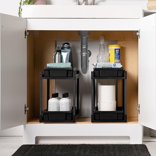 IRIS USA Under Sink Organizer, 2 Pack, Pull Out Under Cabinet Organizers and Storage, Kitchen Shelf Pantry Bathroom Under Counter, Cleaning Supplies, Vertical Spice Rack Slide Out Drawer, Easy Install - size: 2 Pack