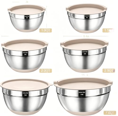 Mixing Bowls with Airtight Lids Set, 26PCS Stainless Steel Khaki Bowls with Grater Attachments, Non-Slip Bottoms & Kitchen Gadgets Set, Size 7, 4, 2.5, 2.0,1.5, 1QT, Great for Mixing & Serving - color: Khaki