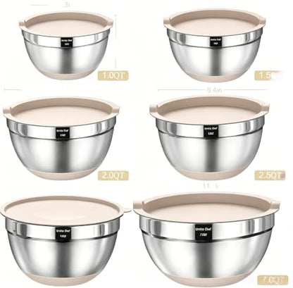 Mixing Bowls with Airtight Lids Set, 26PCS Stainless Steel Khaki Bowls with Grater Attachments, Non-Slip Bottoms & Kitchen Gadgets Set, Size 7, 4, 2.5, 2.0,1.5, 1QT, Great for Mixing & Serving - color: Khaki