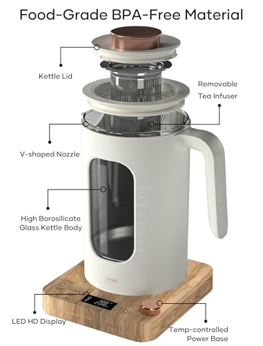 INTASTING Electric Tea Kettle, Electric Kettle with Tea Infuser, ±1℉ Knob Temperature Control, BPA-Free Glass, 1200W Fast Heating, Easy to Clean, 1 Liter (Cream White) - color: Cream White