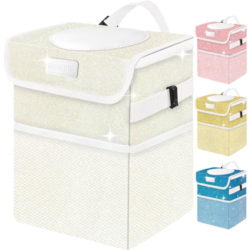 Cute Mini Car Trash Bag with Lid, Glitter Garbage Can Bin Hanging for Back/Front Seat/Console, Waterproof, Leakproof, 2.5 Gallon, Beige Cream Bling Sparkly - color: Beige Cream Bling Sparkly