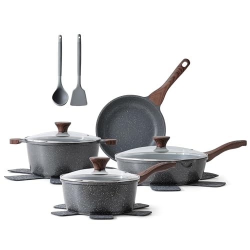 SENSARTE Nonstick Cookware Set 13-Piece, Non Stick Pots and Pans Set with Swiss Granite Coating, Healthy Kitchen Cooking Set, Stay-Cool Handles, Induction Compatible, PFOA/PFOS Free - color: Gray