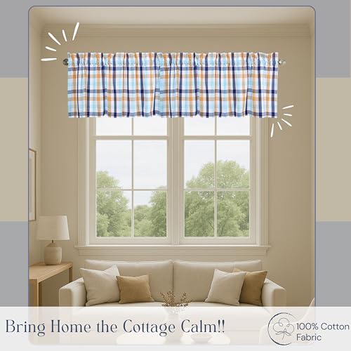 Gingham Valance Curtains, 2 Pack, 54x18 Inches, 100% Cotton Window Valances, Rod Pocket Curtain Panels for Kitchen, Bedroom, Living Room, Indigo Blue - Mustard Yellow - Aqua Blue - color: Multi Blue, Yellow, size: 18"W x 54"L (Pack of 2)
