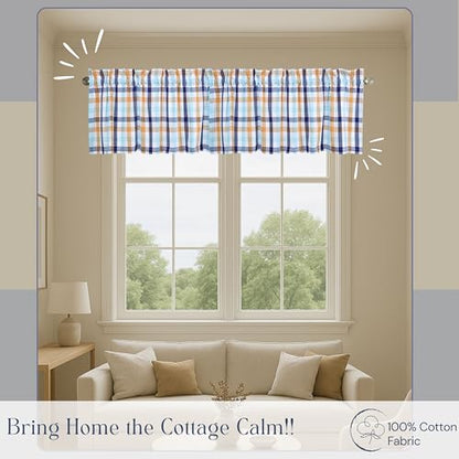Gingham Valance Curtains, 2 Pack, 54x18 Inches, 100% Cotton Window Valances, Rod Pocket Curtain Panels for Kitchen, Bedroom, Living Room, Indigo Blue - Mustard Yellow - Aqua Blue - color: Multi Blue, Yellow, size: 18"W x 54"L (Pack of 2)