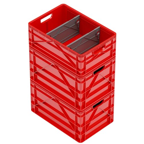 SIDIO Crate Basic Pack - 2 Full-Size & 1 Half-Size Heavy Duty Stackable Storage Bins, Totes and Containers with Dividers - Durable Plastic Organizer for Home, Office, Garage, and Outdoor Use - color: Red